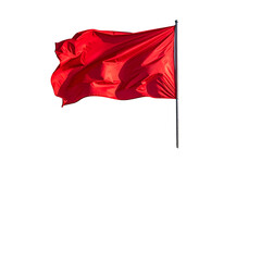 Vibrant red flag waves on a pole, isolated against a black background
