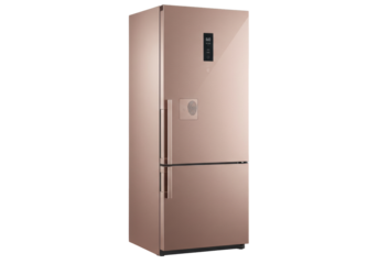 Isolated, modern style fridge freezer appliance in a rose gold color finish, indoors, no people