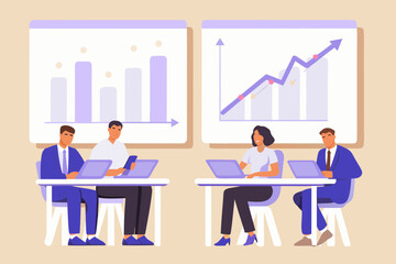 Diverse business professionals collaborating and analyzing financial data charts during a meeting or presentation