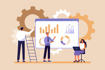 Business team collaborating on data analysis and presentation with charts and graphs on a screen