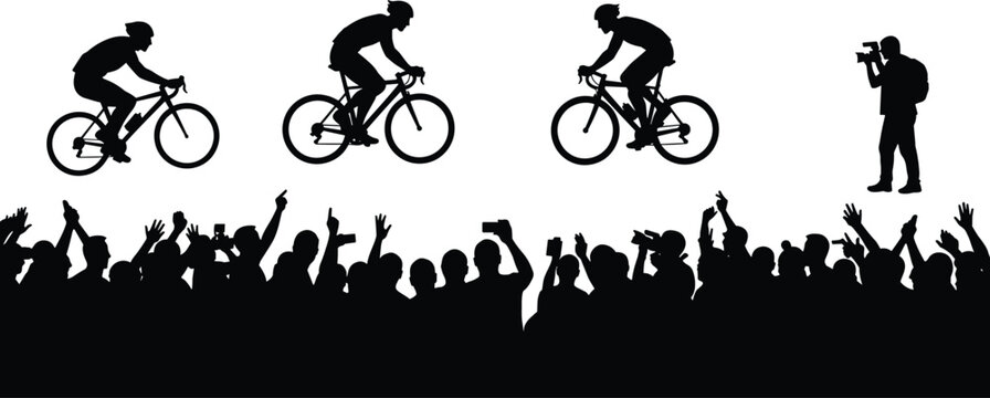 Silhouette illustration of cycling race, competitive cyclists with cheering crowd and photographer, sports event, outdoor competition, lifestyle, athletic concept