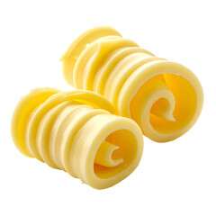Two curls of rich, yellow dairy fat on a black background. Swirls and texture visible