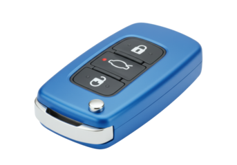 Isolated blue car remote with three buttons for locking, trunk, and unlocking the vehicle