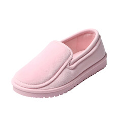 A close-up view of a single, light pink, soft slipper against a black background