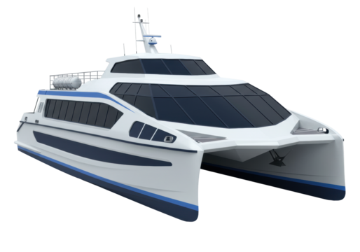 Isolated catamaran vessel for passengers, modern style, fast passenger ferry boat cruising