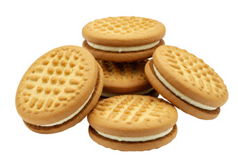Isolated stack of shortbread sandwich cookies filled with vanilla cream for snack time treat
