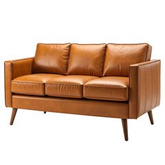 A three-cushion leather couch in a warm tan color, angled and isolated on black