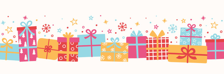 Christmas banner with cartoon hand drawn presents with bows. Vector illustration