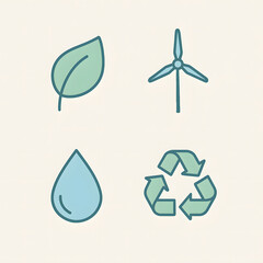 Simple eco icons set — leaf, wind turbine, water drop, recycle