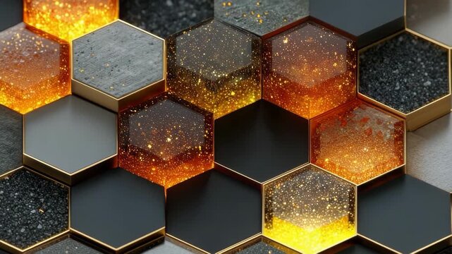 Abstract glowing hexagonal tiles with sparkles and mixed textures on dark stone background, concept of futuristic design and luxury materials