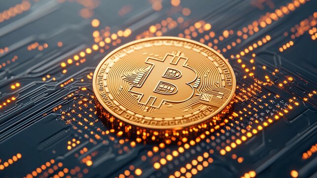 Holographic gold token spinning inside digital data field symbolizing blockchain security.