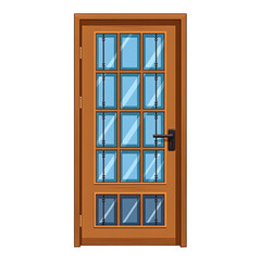 Obraz premium Wooden Door with Glass Panels, Orange Hue on Transparent Background, Minimalist Design Element