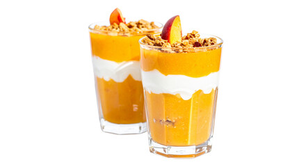  Two peach yogurt pudding parfait variations layered with fruit and granola, isolated on transparent background