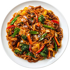 Delicious stir-fried noodles with colorful vegetables and beef in a savory sauce served on a white plate on transparent background