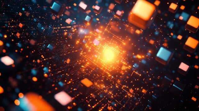Abstract Digital Explosion of Glowing Cubes and Particles.