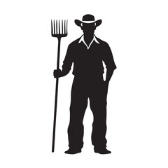 Farmer with pitchfork silhouette, Silhouette farmer with pitchfork wearing hat vector illustration