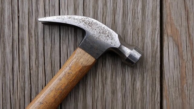Close-up of a worn claw hammer resting on weathered wood, showcasing texture and craftsmanship