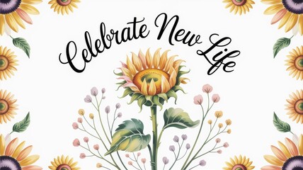 A watercolor sunflower with celebrate new life text and floral border on white background