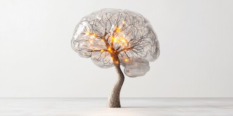 A surreal sculpture combining a brain and a tree, symbolizing the connection between nature and intellect with glowing elements.