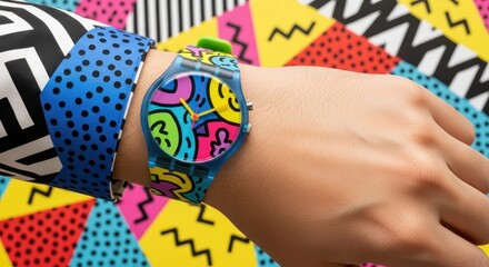 hand wears colorful 90s-style watch against vibrant memphis pattern background. playful and nostalgic retro concept. social media, blog, design.