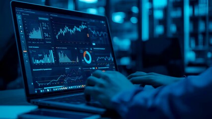 Financial analyst using laptop with real-time stock market charts and data analytics dashboard under blue light in modern office environment - Powered by Adobe