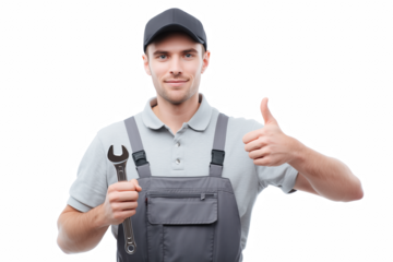 Confident Mechanic: A skilled mechanic, dressed in professional attire, offers a thumbs-up gesture, holding a wrench, exuding confidence in his expertise.