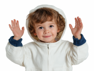 Child's Playful Delight: A charming young child with curly hair, wrapped in a hooded jacket, playfully raises their hands in a gesture of innocent wonder, their eyes sparkling with pure joy. 