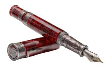 A luxurious fountain pen with a translucent ruby resin barrel and rhodium-plated engraved nib, isolated on transparent background.
