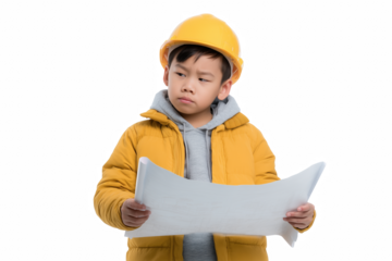 Young Architect's Dilemma: A young individual, donned in a yellow safety helmet and coat, contemplates blueprints with a look of concentration and perplexity.