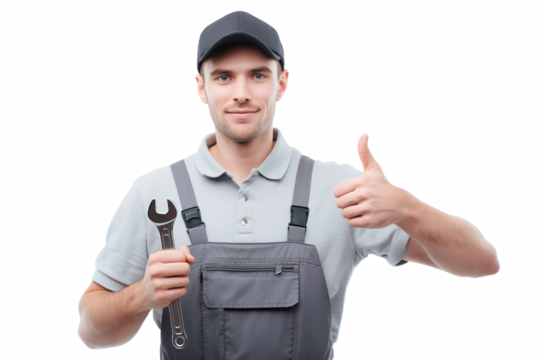 Confident Mechanic: A skilled mechanic, dressed in professional attire, offers a thumbs-up gesture, holding a wrench, exuding confidence in his expertise.