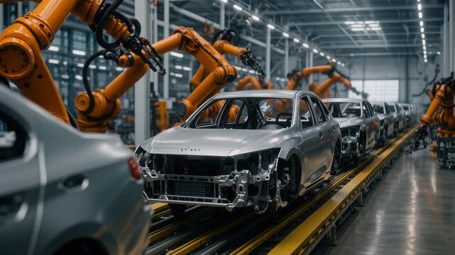 Robotic Arms Assemble Cars on an Automated Factory Production Line, Highlighting Modern Manufacturing Technology and Efficiency