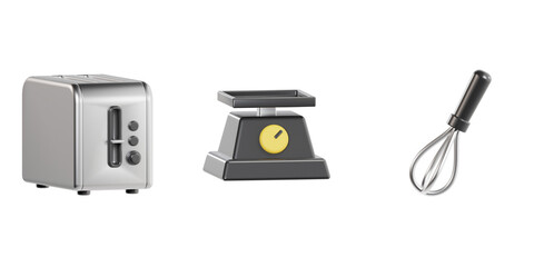 3D kitchen appliance and utensil icon set with toaster, scale, and whisk