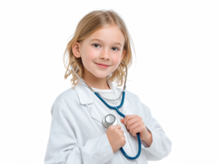 Future Doctor: A young girl, full of dreams and dressed as a doctor, gazes at the camera with a charming smile, embodying the aspiration of healthcare.