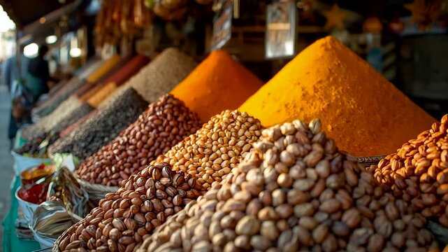 Colorful assortment of spices and grains arranged in conical piles at traditional market stall under warm sunlight creating rich texture and depth
