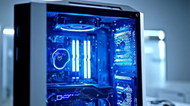Close-up of a glowing computer case with blue lights. Internal components are lit with LEDs