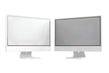Two sleek computer monitors with thin silver bezels and matte screens, one slightly behind the other, isolated on transparent background.
