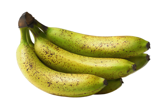 Bananas in a smooth arc showing ripeness stages from fresh green to spotted yellow, isolated on transparent background.
