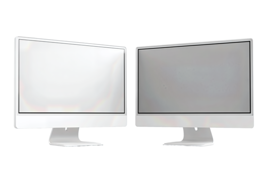 Two sleek computer monitors with thin silver bezels and matte screens, one slightly behind the other, isolated on transparent background.
