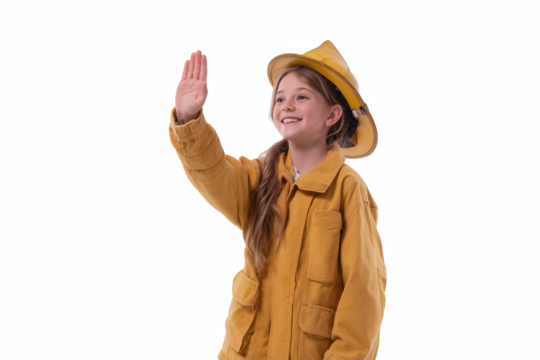 Young Explorer: A young girl joyfully raises her hand, dressed in a cheerful yellow rain jacket and hat. Symbolizing adventure and the spirit of discovery, with a bright smile, invites imagination