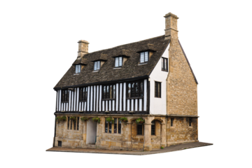 Two-story stone old English building in United Kingdoms isolated transparent png