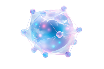 Abstract futuristic sphere encased in a translucent, iridescent membrane, connected by glowing orbs and lines, representing complex data or cellular structures. background removed