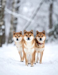 Naklejka premium Three Shiba Inu dogs in a snowy forest (1)