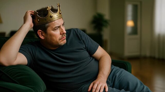 Lazy Adult Man Wearing a Crown Relaxing on Couch as Woman Vacuums Around Him in Living Room