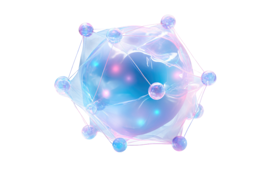 Abstract futuristic sphere encased in a translucent, iridescent membrane, connected by glowing orbs and lines, representing complex data or cellular structures. background removed