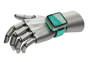 Isolated cybernetic robot hand wears smartwatch with turquoise band against no background