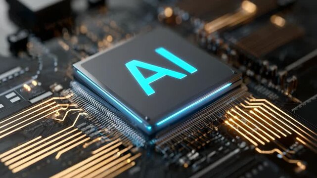 AI processor chip glowing blue on a complex electronic motherboard, realistic style, blurred background, concept of artificial intelligence technology