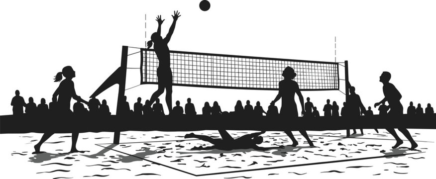 Silhouette of beach volleyball players in action with crowd, sports competition, teamwork, athletic fitness, outdoor game, dynamic movement, summer lifestyle illustration