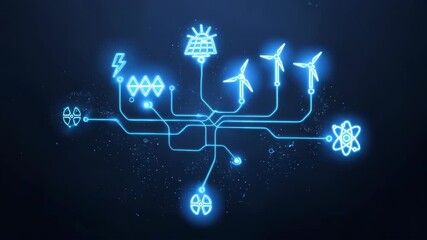 Glowing energy circuit displaying different renewable sources, connected by shining lines, is shown with sun panels, wind turbines, and atomic station. - Powered by Adobe