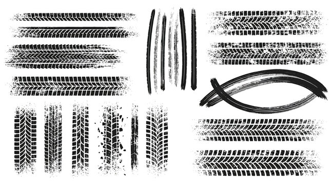 Vector art of collection of tire track impressions in various patterns and styles, creating a dynamic and textured effect