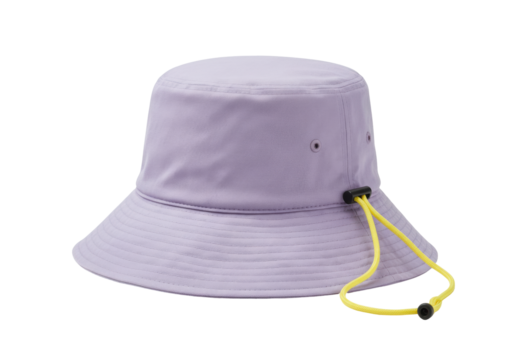 Isolated lilac bucket hat with a yellow drawstring, a fashionable unisex accessory for outdoor wear